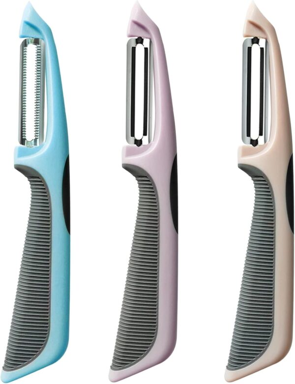 Vegetable Peeler for Kitchen with Silicone Handle, 1 Piece Serrated Peeler for Soft Skin, 2 Pieces Straight Peeler for Potato Veggie (Set of 3, Blue/Light Purple/Toasted Almond)