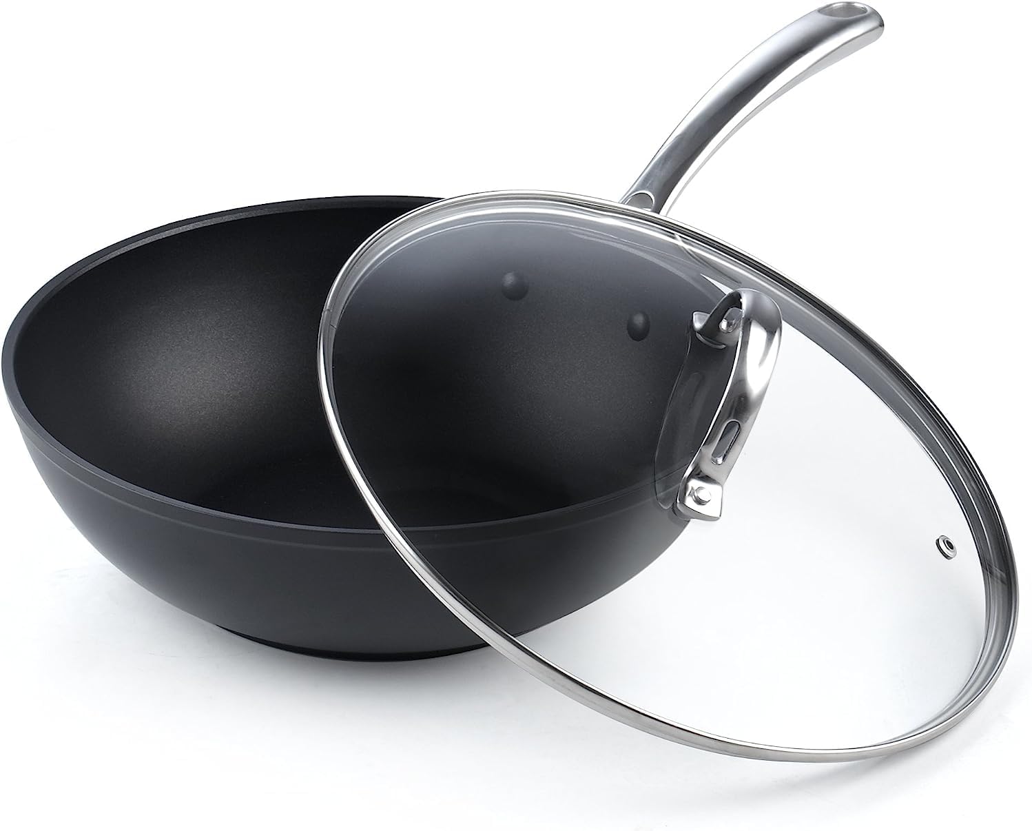 Nonstick Stir-Fry Wok Pan 11-Inch, Hard Anodized Deep Frying Pan with Glass Lid, Flat Bottom, Black