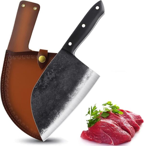 Forging Serbian Chef Knife Kitchen Chef Knives Full Tang High Carbon Clad Steel Almasi Butcher Cleaver with Leather Sheath Thanksgiving Christmas Gifts ( Knife)
