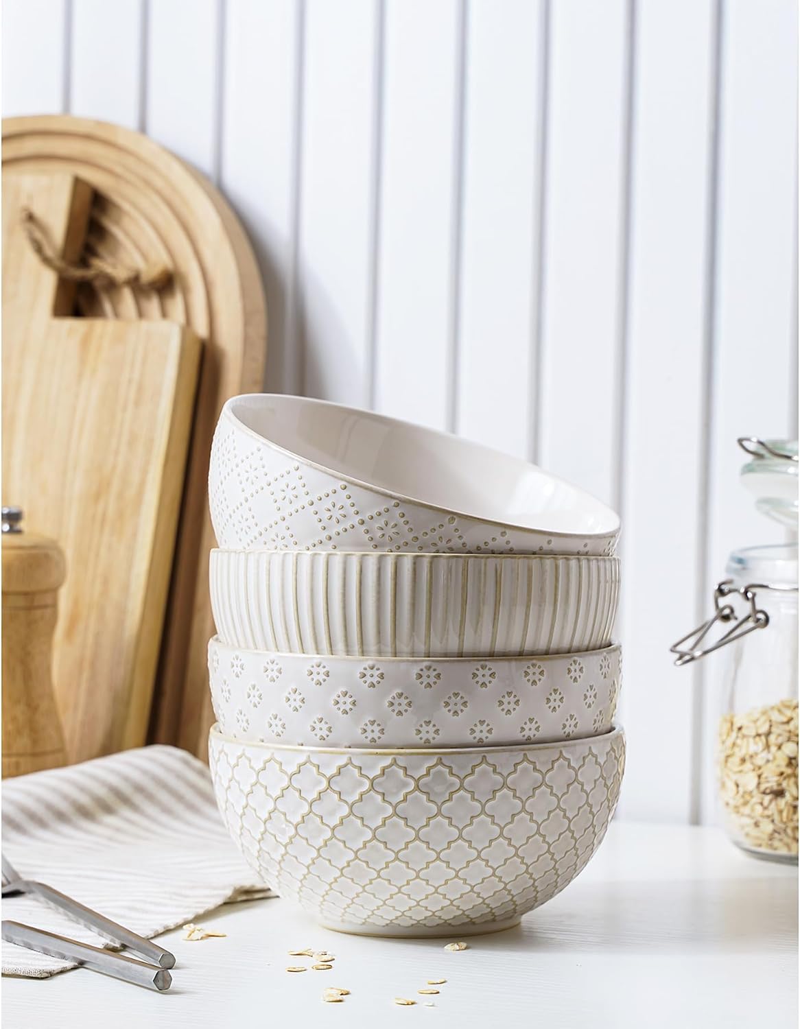 Ceramic Soup Bowls 30 OZ, Cereal Bowls Set of 4 for Kitchen, Stoneware Bowls with Embossment, Farmhouse Vintage Bowls for Cereal, Soup, Rice, Salad, Fruits, Arctic White - Image 2