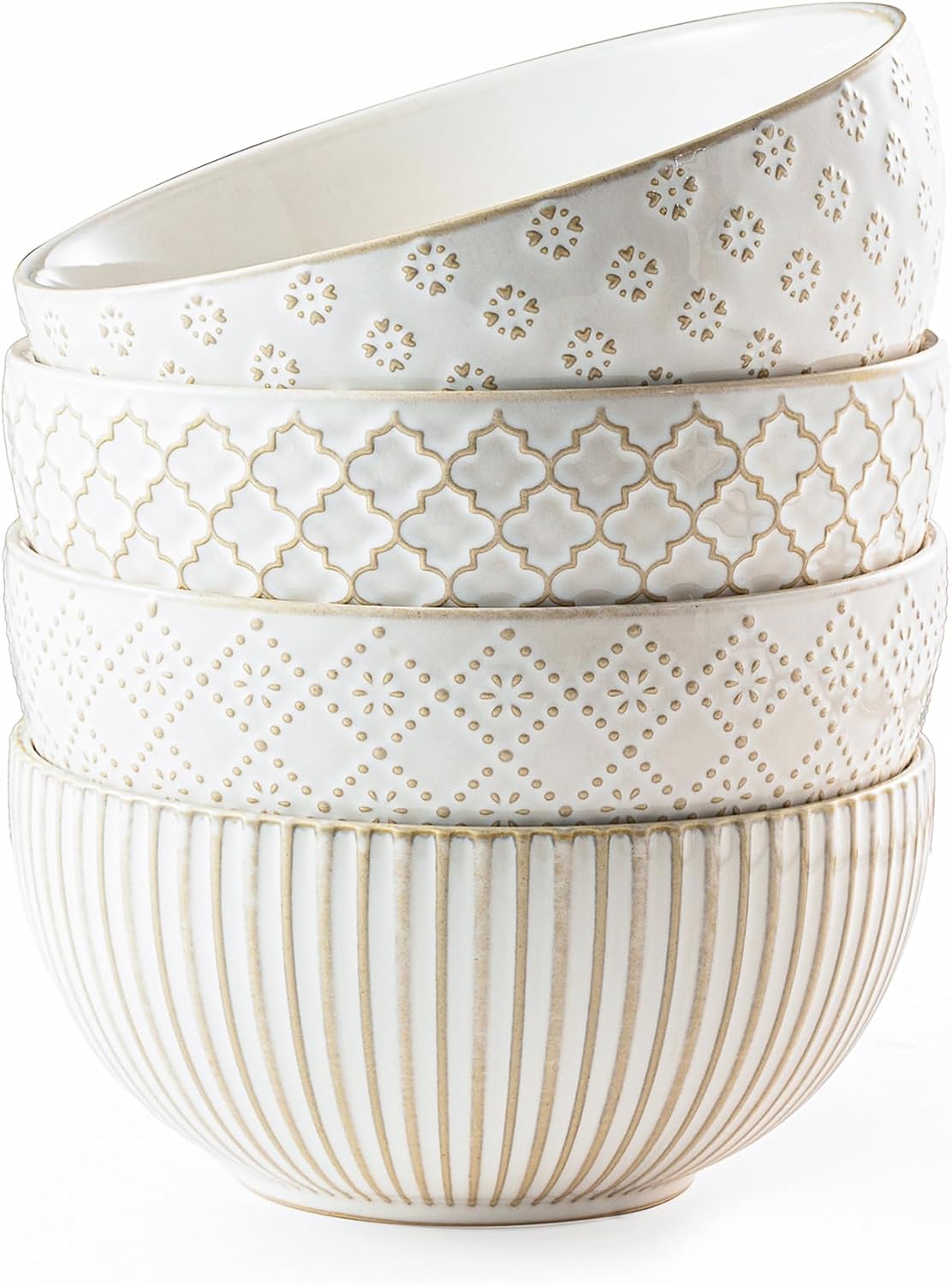 Ceramic Soup Bowls 30 OZ, Cereal Bowls Set of 4 for Kitchen, Stoneware Bowls with Embossment, Farmhouse Vintage Bowls for Cereal, Soup, Rice, Salad, Fruits, Arctic White
