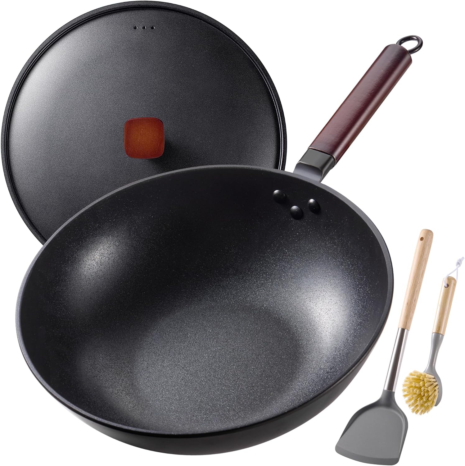 Carbon Steel Wok -13 Inch Woks & Stir-fry Pans Nonstick, Wok Pan with Lid Spatula and Dish Brush: Pre-Seasoned Flat Bottom Chinese Wok for Induction, Electric, Gas, All Stoves