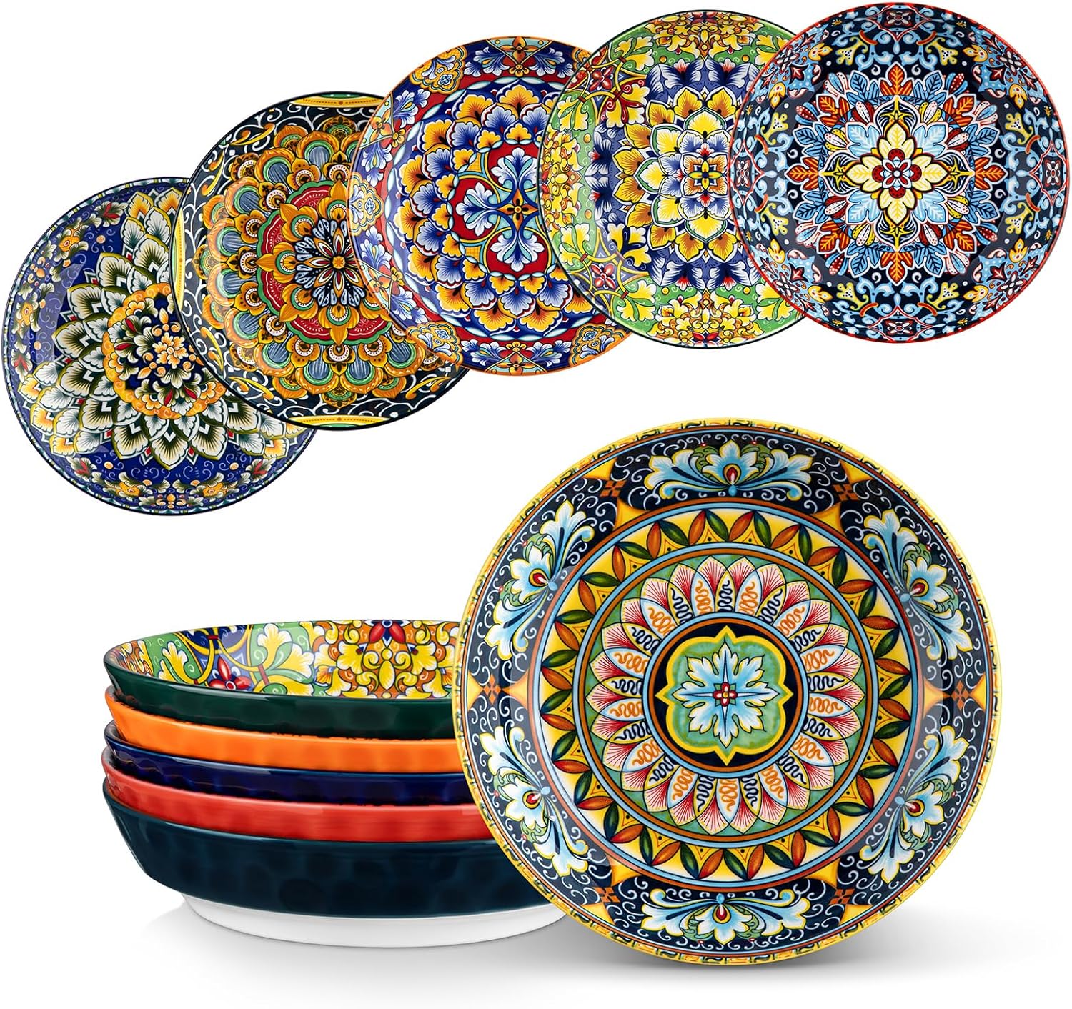 Pasta Bowls, Ceramic Salad Bowls of 6, 32 oz Large Corlorful Serving Bowls for Kitchen, Dishwasher & Microwave Safe Soup Bowls, Pasta Plates